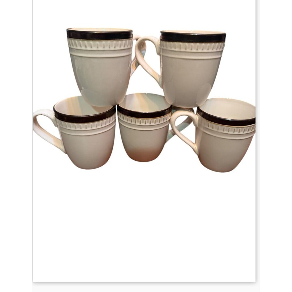 Set Of 5 Food  Everyday Latte Mugs With Black Trim
